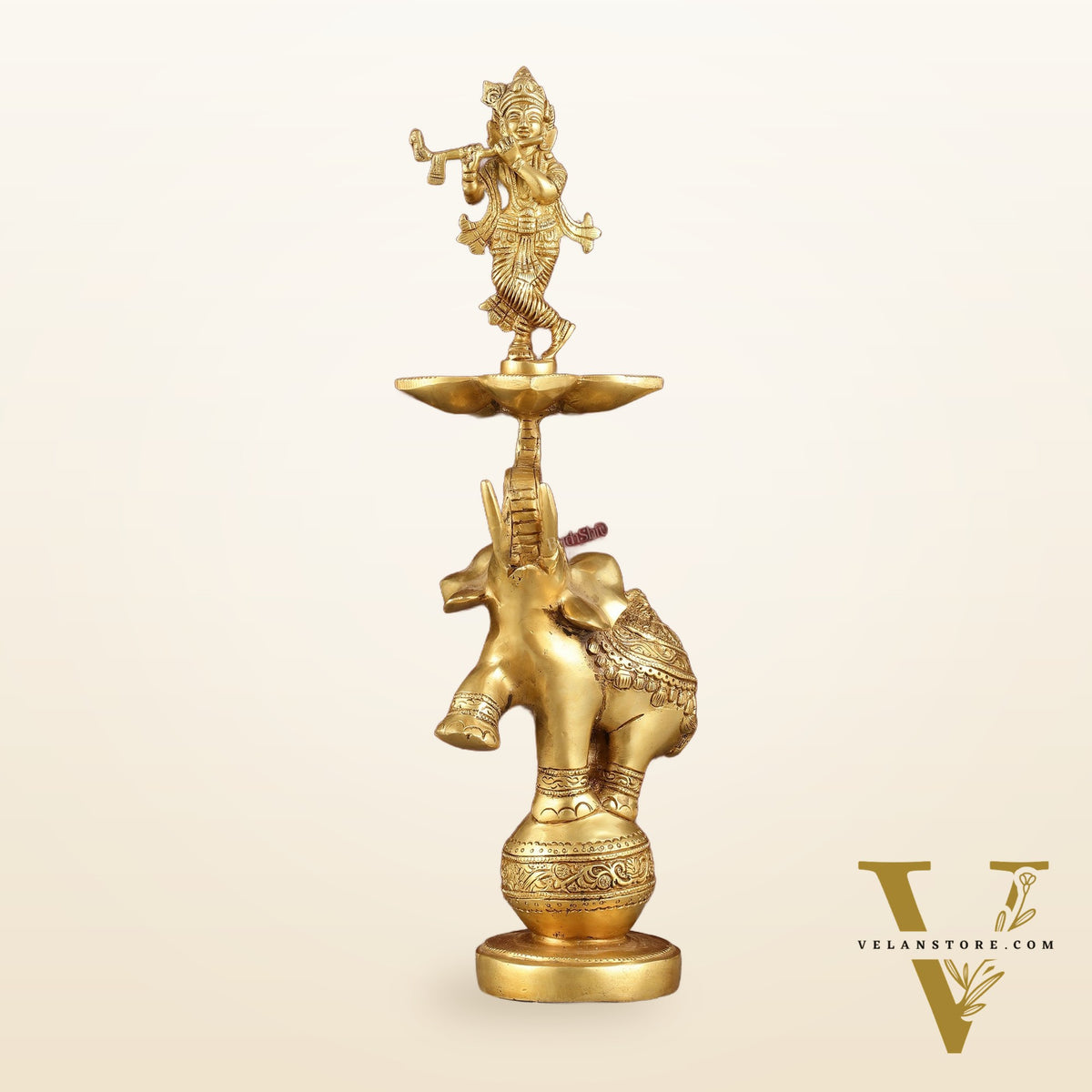 Pure Brass Superfine Krishna on jumping Elephant Oil Lamp/Vilakku - 16"