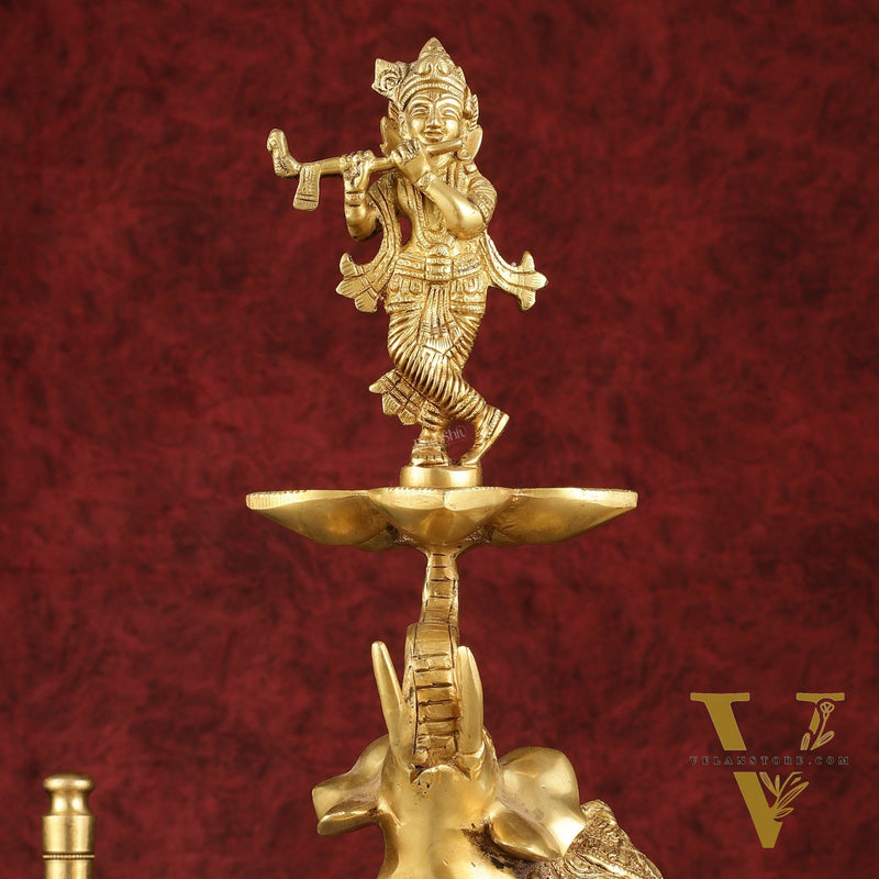 Pure Brass Superfine Krishna on jumping Elephant Oil Lamp/Vilakku - 16"