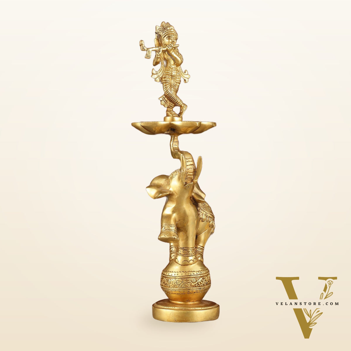 Pure Brass Superfine Krishna on jumping Elephant Oil Lamp/Vilakku - 16"