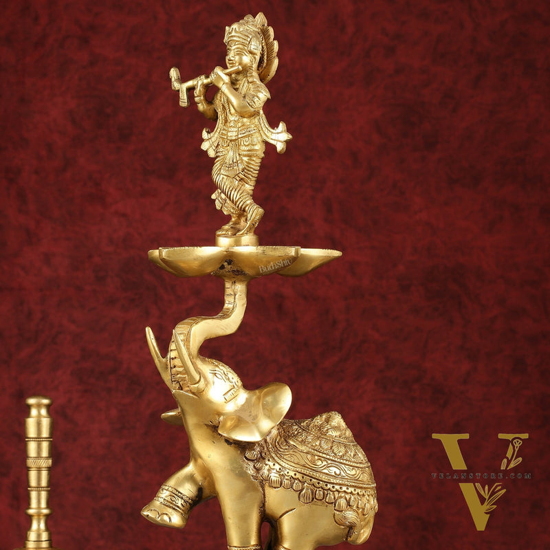 Pure Brass Superfine Krishna on jumping Elephant Oil Lamp/Vilakku - 16"