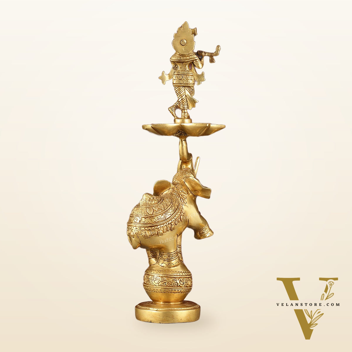 Pure Brass Superfine Krishna on jumping Elephant Oil Lamp/Vilakku - 16"