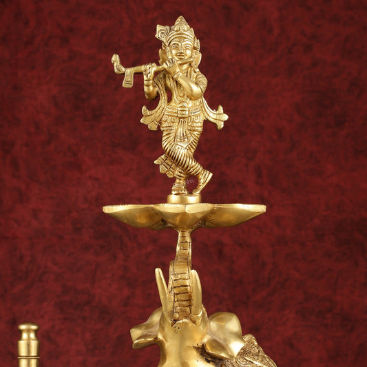 Pure Brass Superfine Krishna on jumping Elephant Oil Lamp/Vilakku - 16"