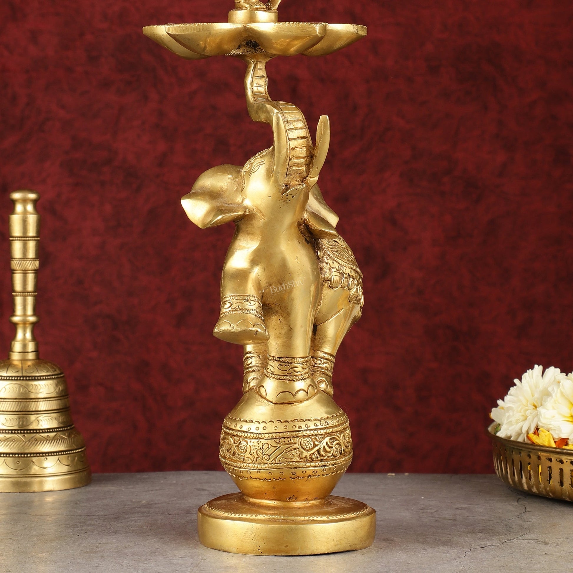 Pure Brass Superfine Krishna on jumping Elephant Oil Lamp/Vilakku - 16"