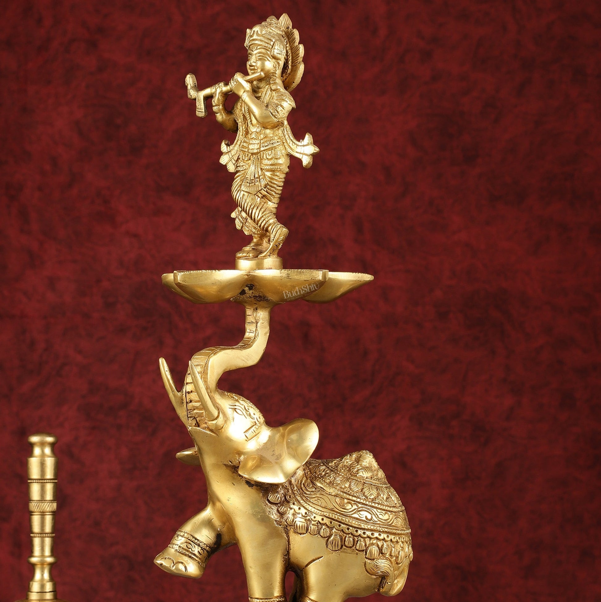 Pure Brass Superfine Krishna on jumping Elephant Oil Lamp/Vilakku - 16"