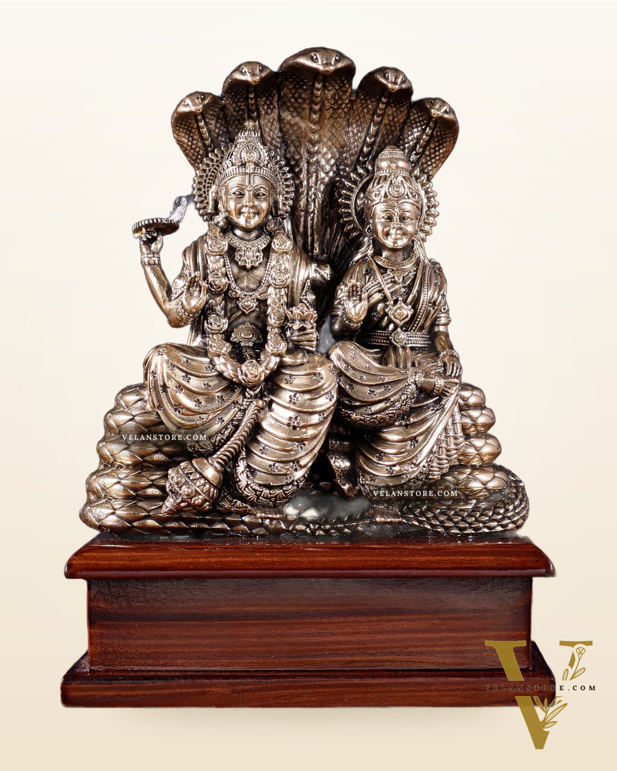 Pure Brass Superfine Lakshmi Narayan on Sheshanaag – on Wooden Base (7 Inch)7