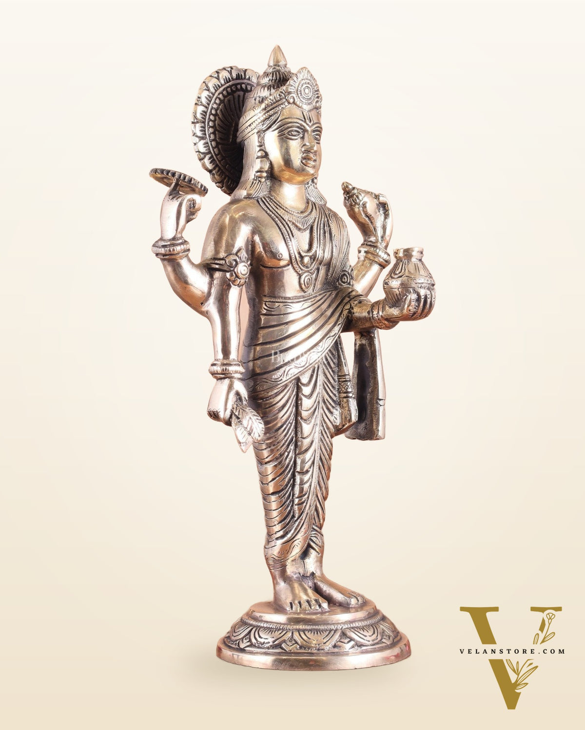 Pure Brass Superfine Lord Dhanvantari Statue with Enhanced Carvings 15 inch matte finish