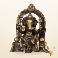 Pure Brass Superfine Lord Ganesha Seated on Throne Dual Tone Sculpture - 17"