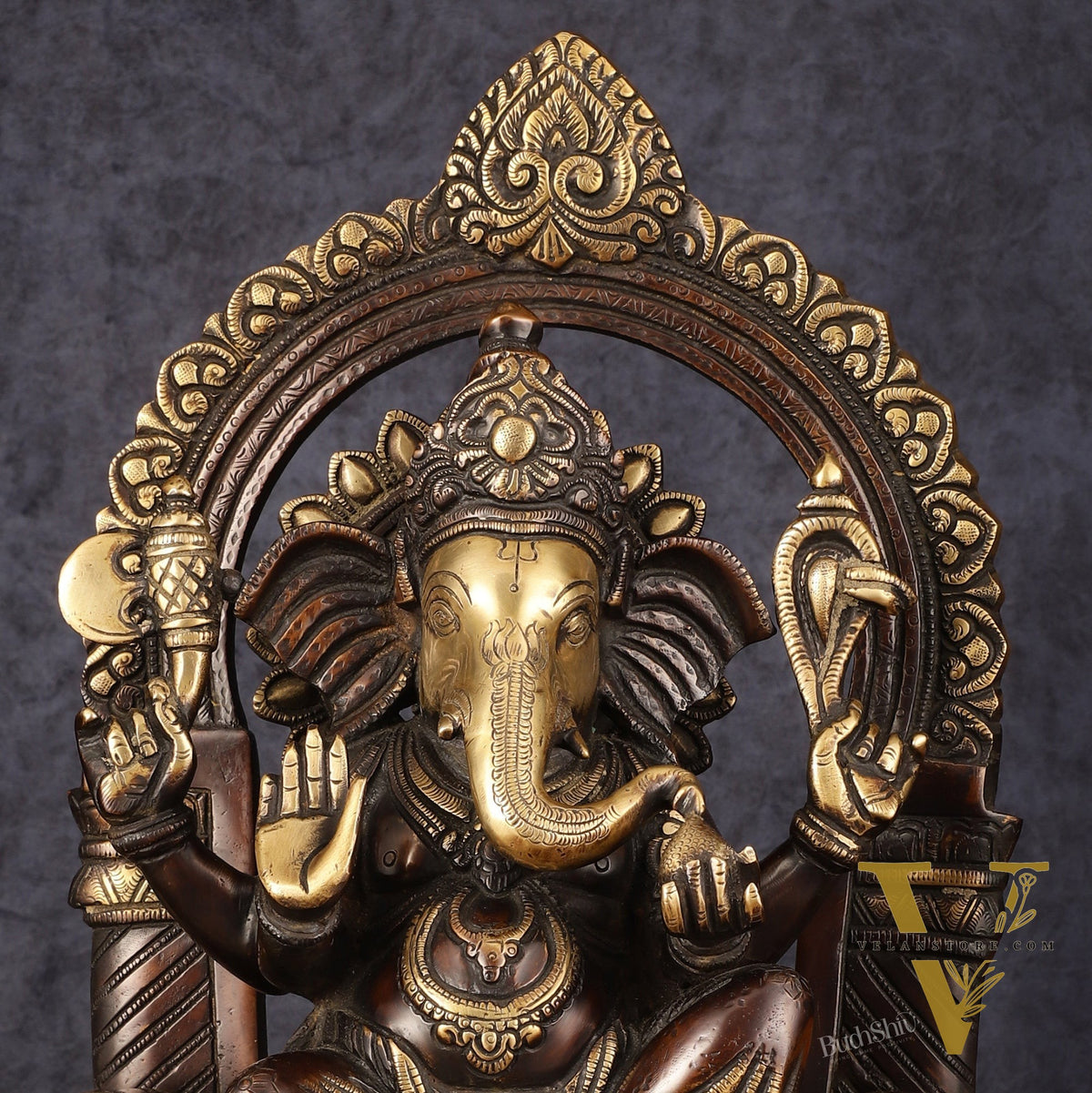 Pure Brass Superfine Lord Ganesha Seated on Throne Dual Tone Sculpture - 17"