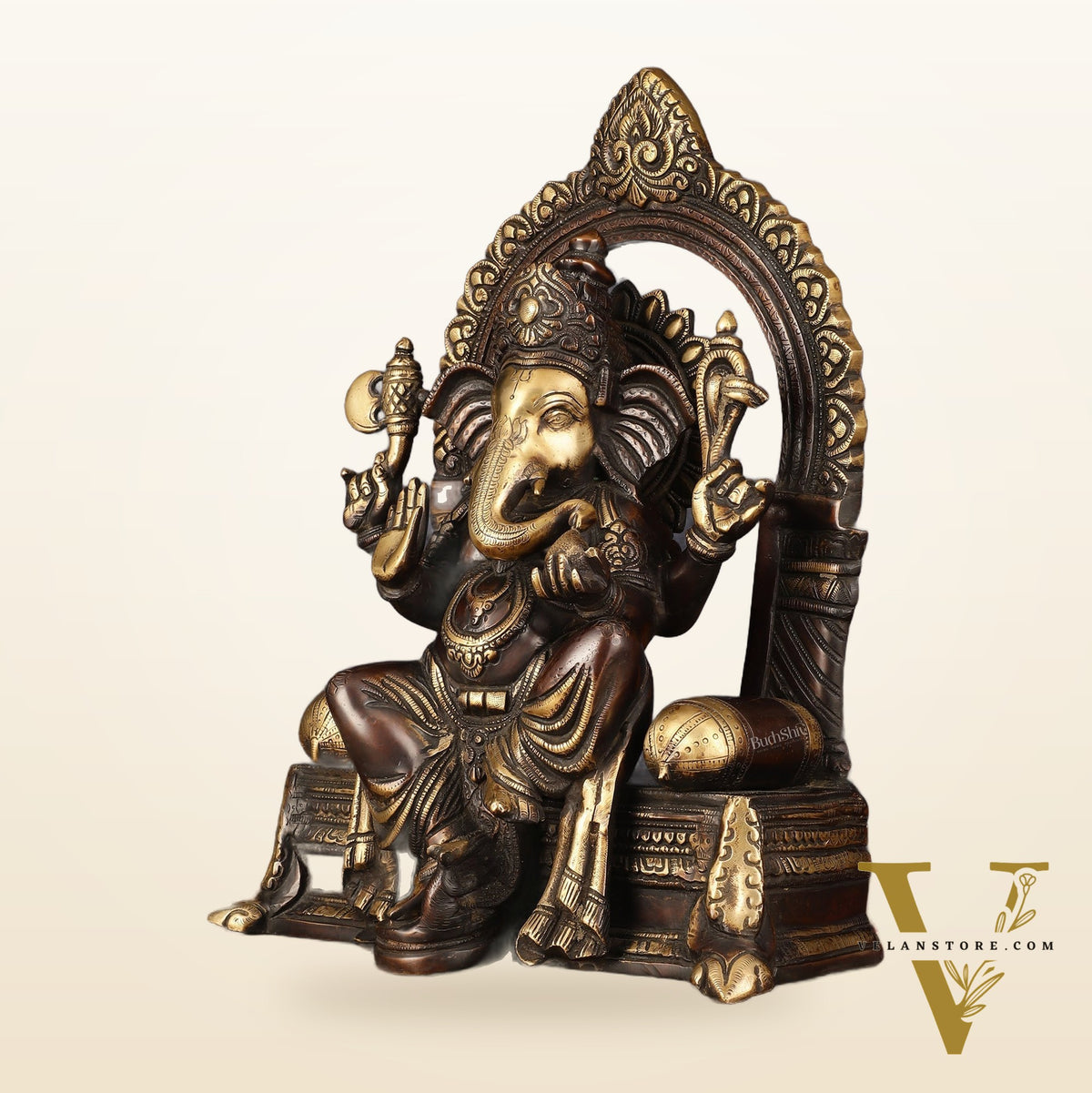 Pure Brass Superfine Lord Ganesha Seated on Throne Dual Tone Sculpture - 17"