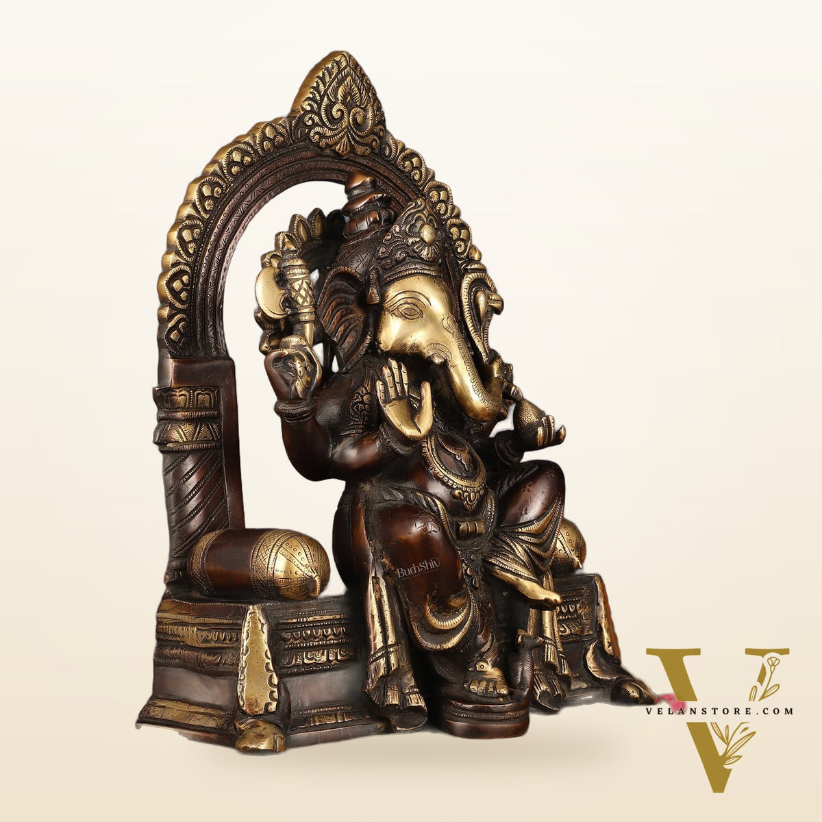 Pure Brass Superfine Lord Ganesha Seated on Throne Dual Tone Sculpture - 17"