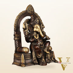 Pure Brass Superfine Lord Ganesha Seated on Throne Dual Tone Sculpture - 17"