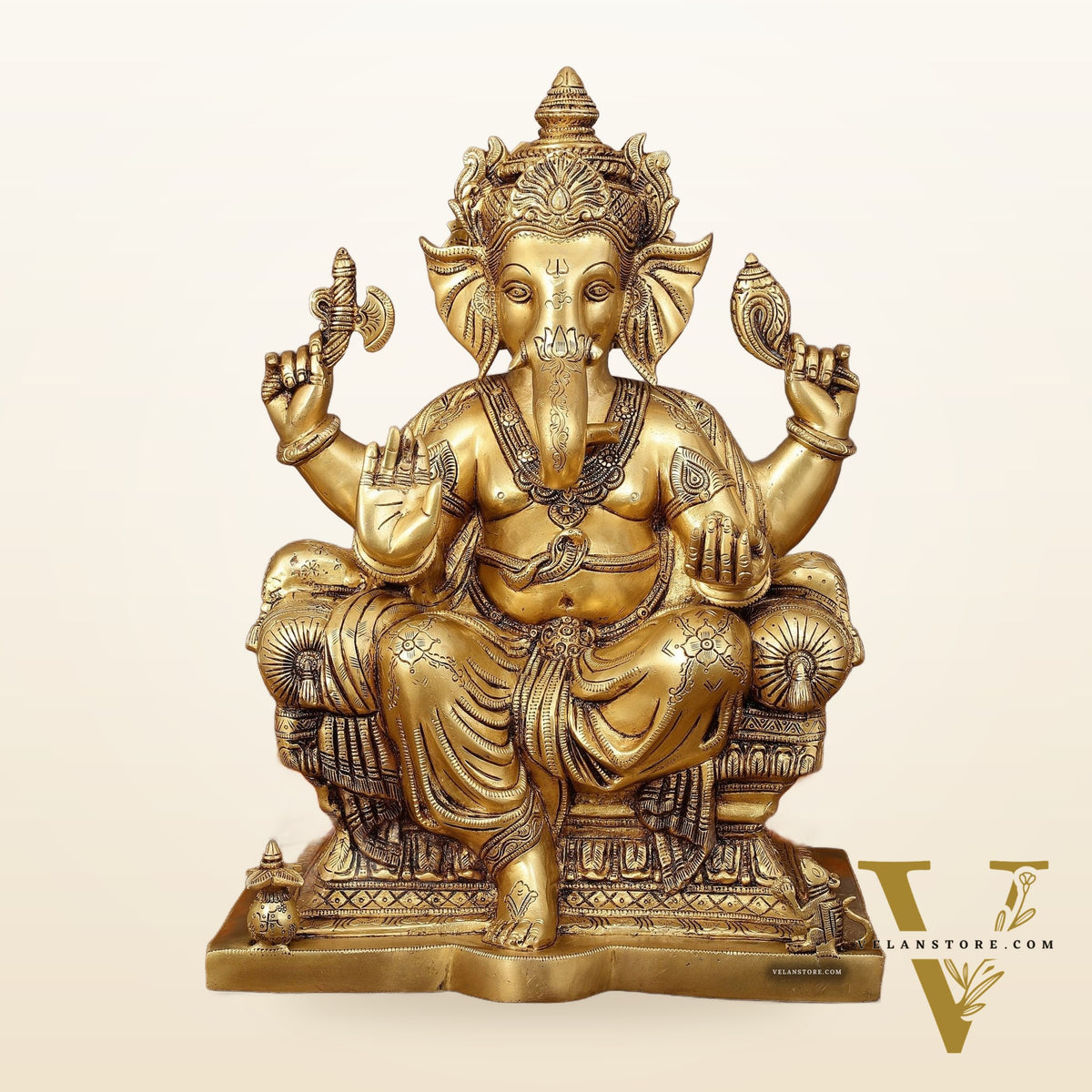 Pure Brass Superfine Lord Ganesha Seated on Throne Statue - 18" Majestic Idol