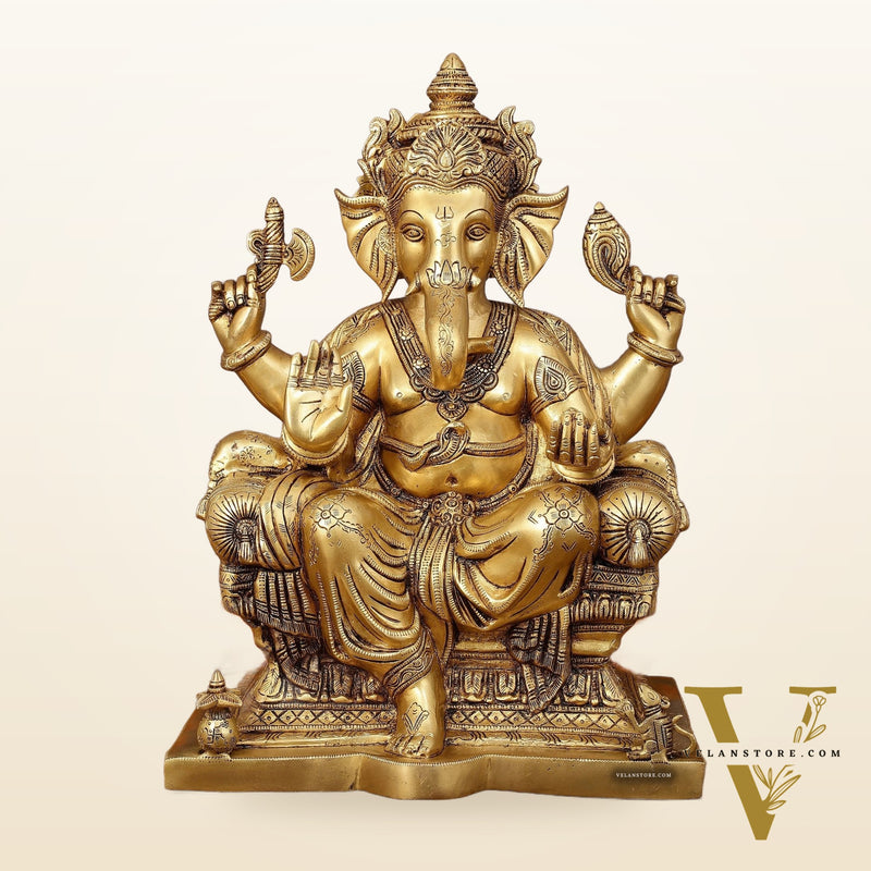 Pure Brass Superfine Lord Ganesha Seated on Throne Statue - 18" Majestic Idol