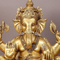 Pure Brass Superfine Lord Ganesha Seated on Throne Statue - 18" Majestic Idol