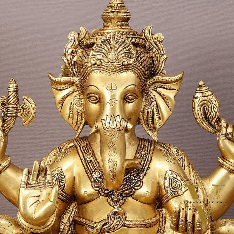 Pure Brass Superfine Lord Ganesha Seated on Throne Statue - 18" Majestic Idol