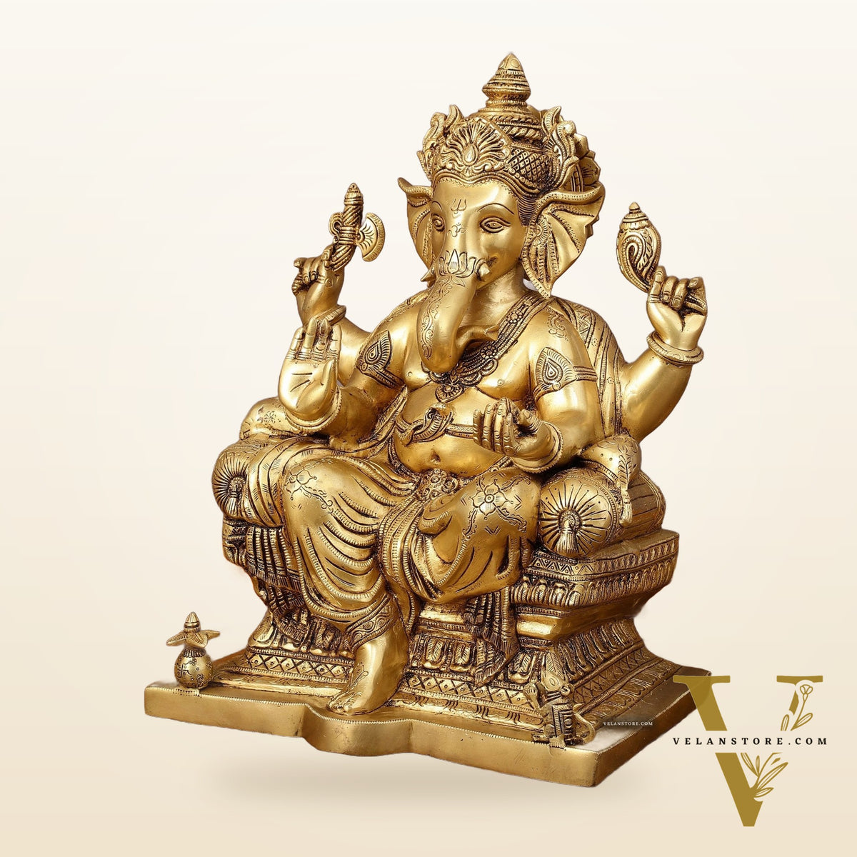 Pure Brass Superfine Lord Ganesha Seated on Throne Statue - 18" Majestic Idol