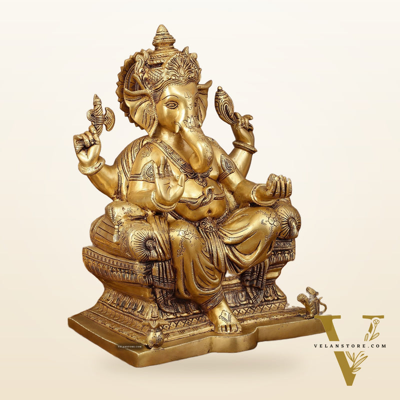 Pure Brass Superfine Lord Ganesha Seated on Throne Statue - 18" Majestic Idol