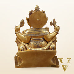 Pure Brass Superfine Lord Ganesha Seated on Throne Statue - 18" Majestic Idol