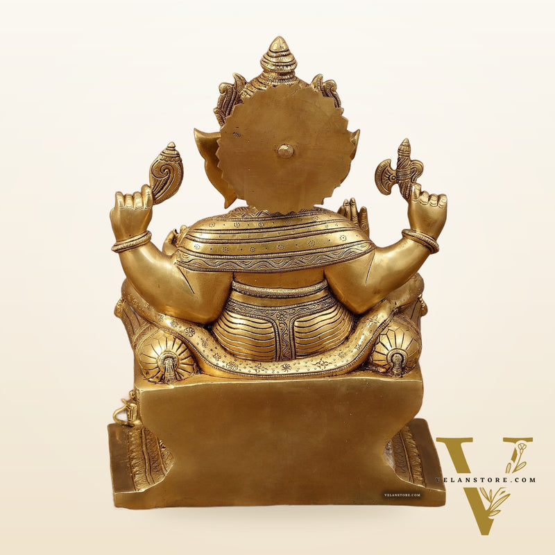Pure Brass Superfine Lord Ganesha Seated on Throne Statue - 18" Majestic Idol