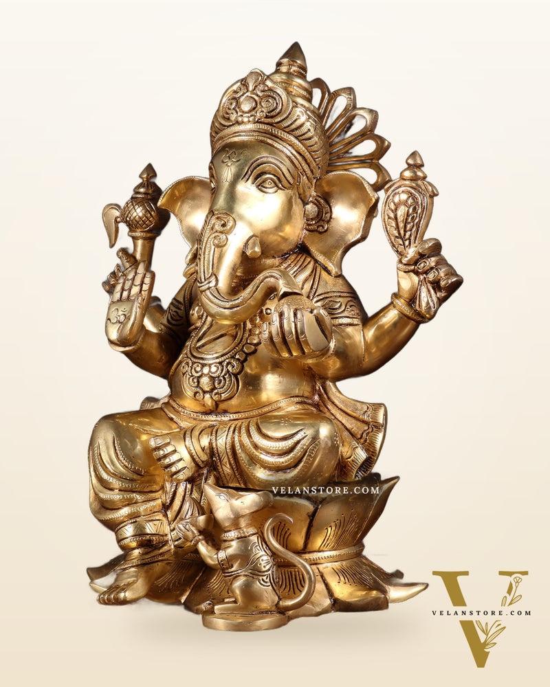 Pure Brass Superfine Lord Ganesha Statue – 14 Inch | Intricately Carved & Majestic Form