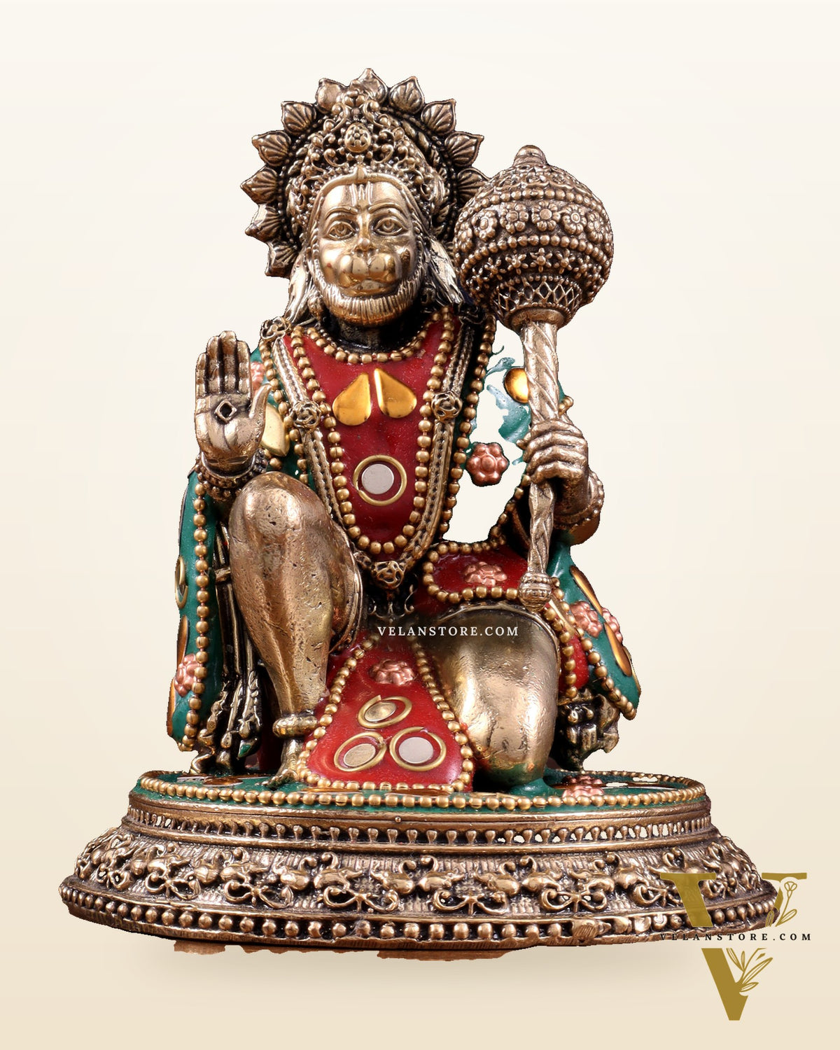Pure Brass Superfine Lord Hanuman Idol with meenakari Stonework - 4.5 inch