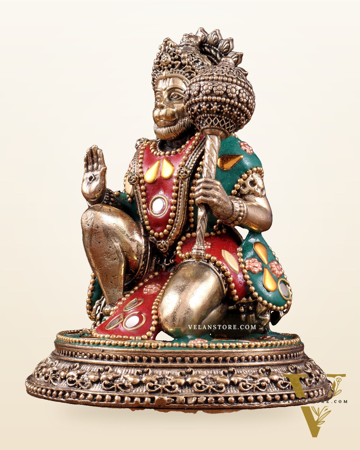 Pure Brass Superfine Lord Hanuman Idol with meenakari Stonework - 4.5 inch