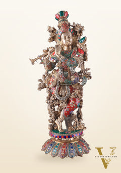 Pure Brass Superfine Lord Krishna Statue with Stonework, 27" Height