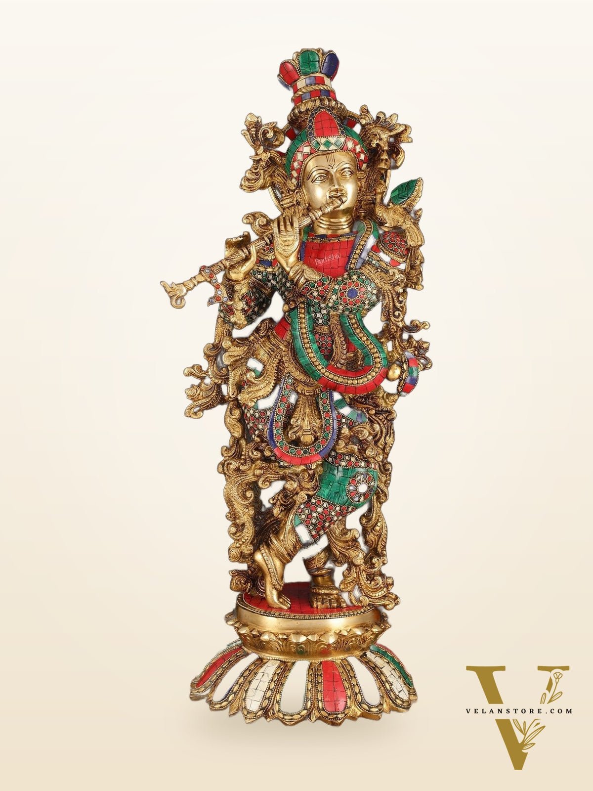 Pure Brass Superfine Lord Krishna Statue with Stonework, 27" Height