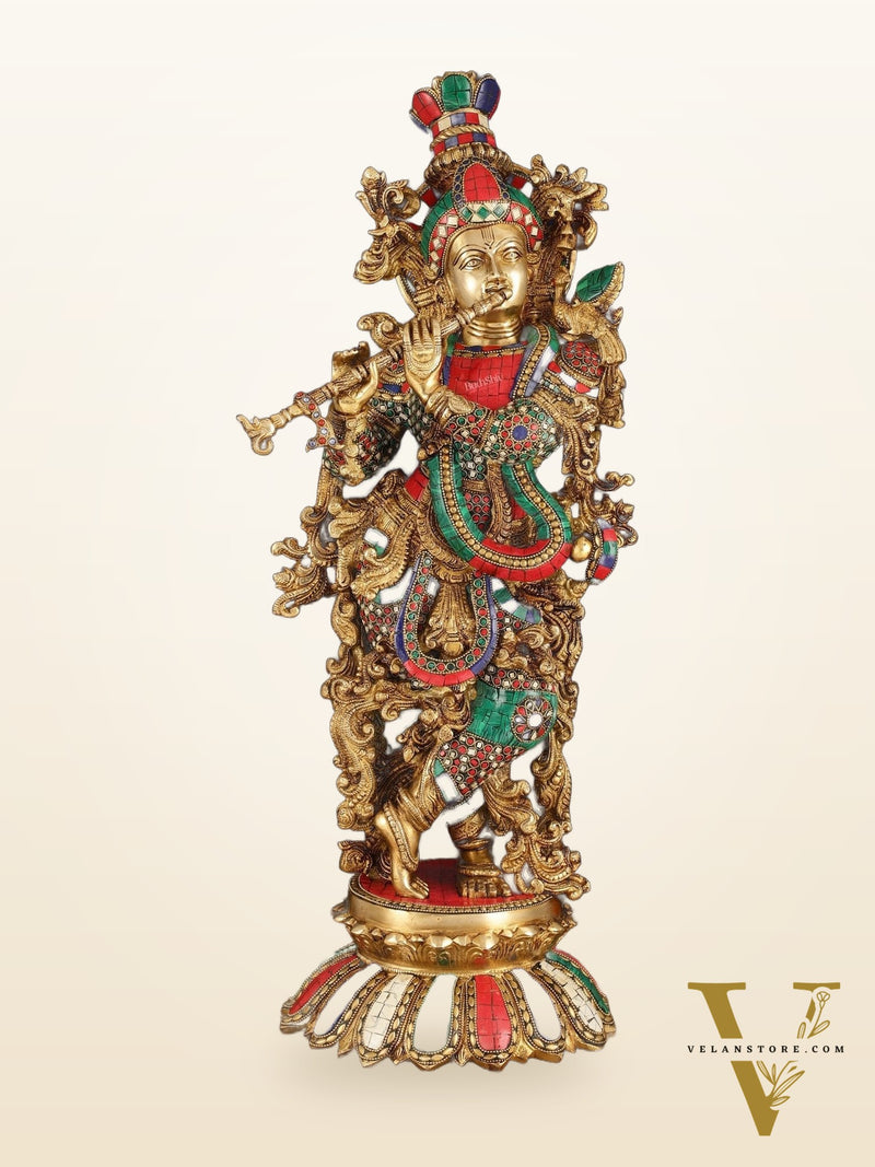 Pure Brass Superfine Lord Krishna Statue with Stonework, 27" Height