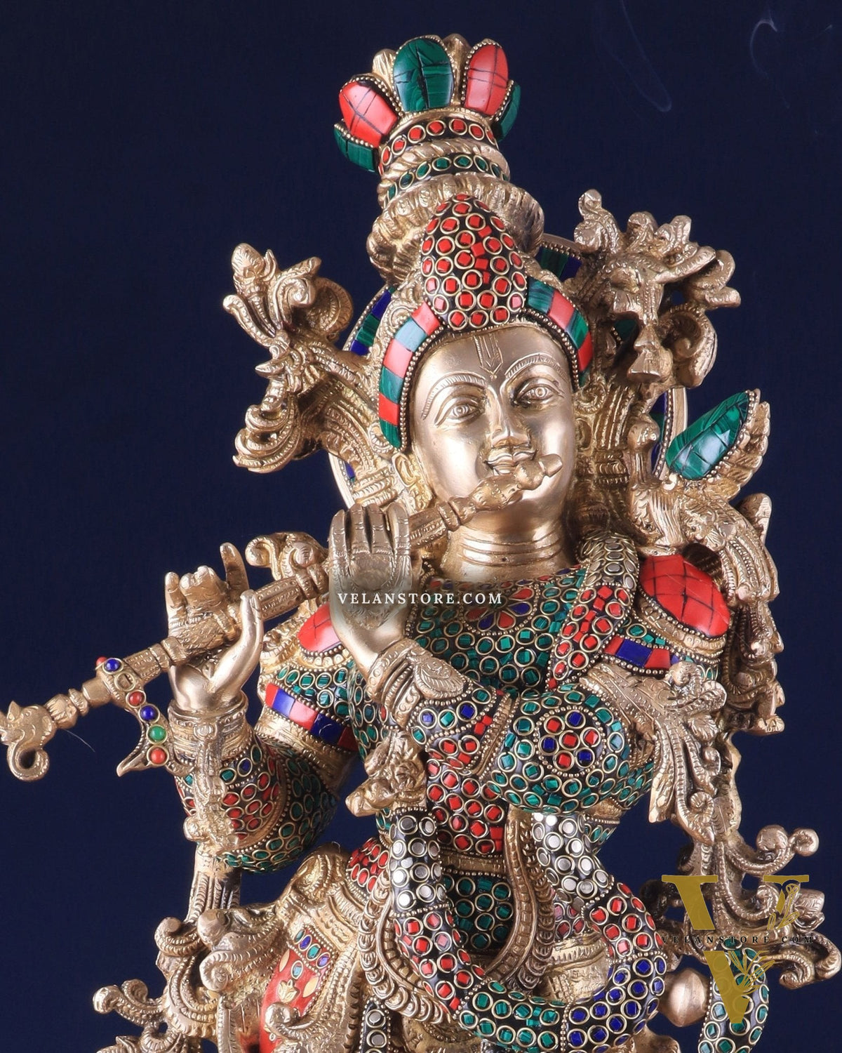 Pure Brass Superfine Lord Krishna Statue with Stonework, 27" Height