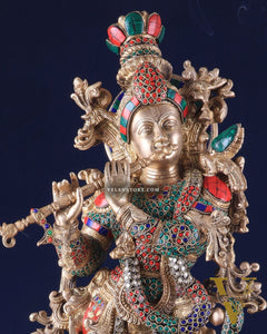 Pure Brass Superfine Lord Krishna Statue with Stonework, 27" Height