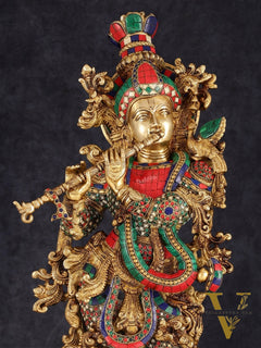 Pure Brass Superfine Lord Krishna Statue with Stonework, 27" Height