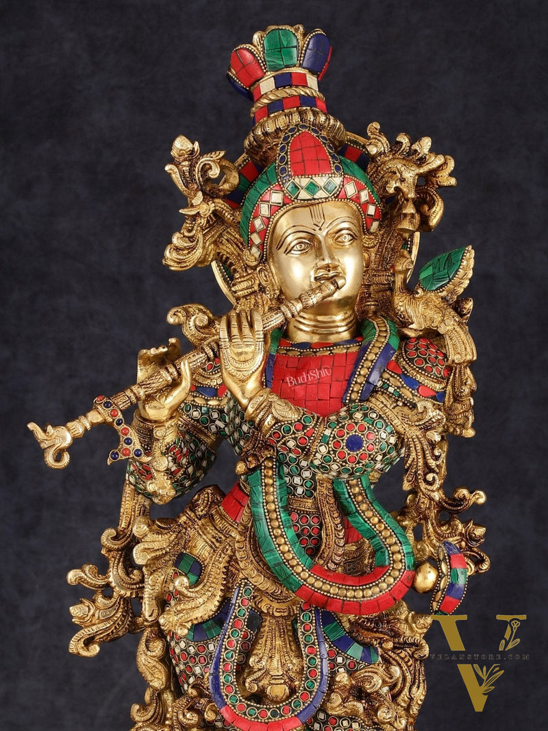 Pure Brass Superfine Lord Krishna Statue with Stonework, 27" Height