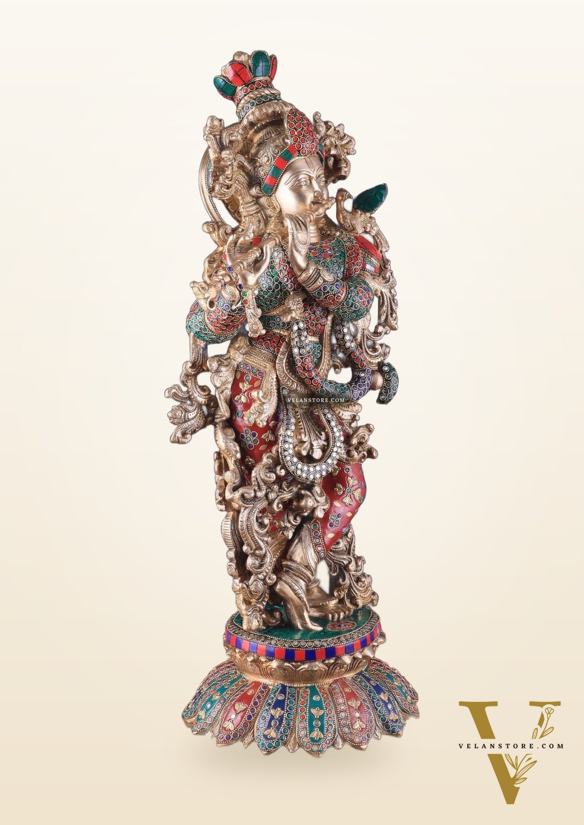 Pure Brass Superfine Lord Krishna Statue with Stonework, 27" Height