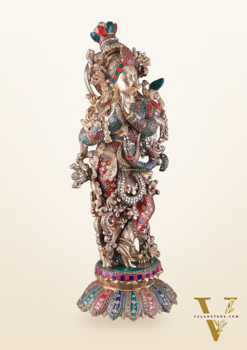 Pure Brass Superfine Lord Krishna Statue with Stonework, 27" Height
