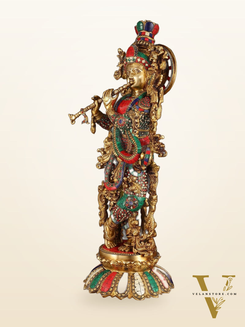 Pure Brass Superfine Lord Krishna Statue with Stonework, 27" Height