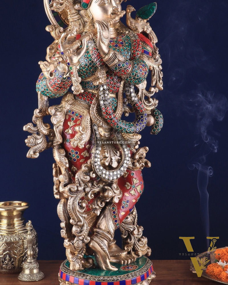 Pure Brass Superfine Lord Krishna Statue with Stonework, 27" Height