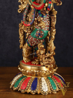 Pure Brass Superfine Lord Krishna Statue with Stonework, 27" Height