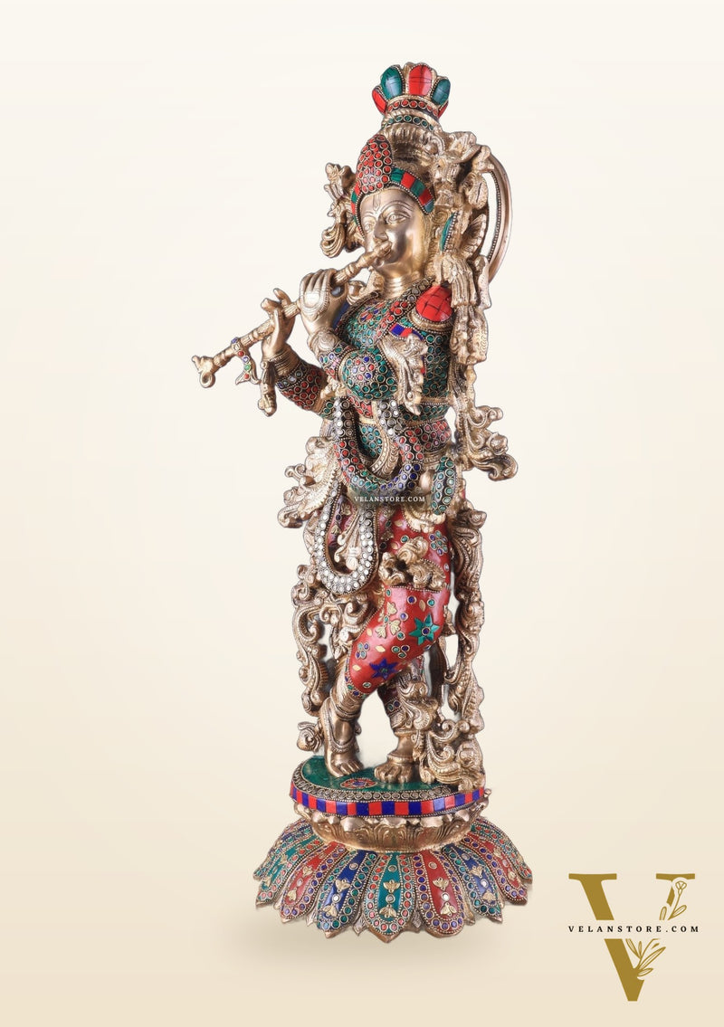 Pure Brass Superfine Lord Krishna Statue with Stonework, 27" Height
