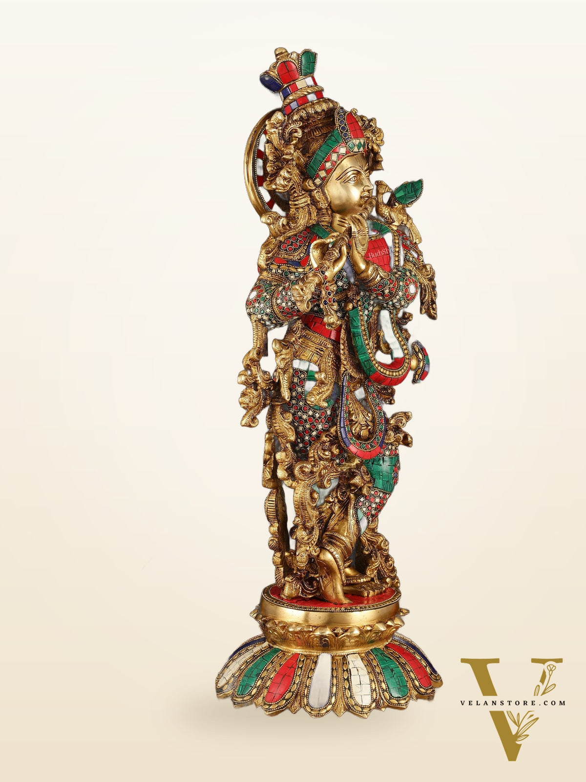 Pure Brass Superfine Lord Krishna Statue with Stonework, 27" Height