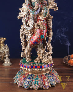 Pure Brass Superfine Lord Krishna Statue with Stonework, 27" Height