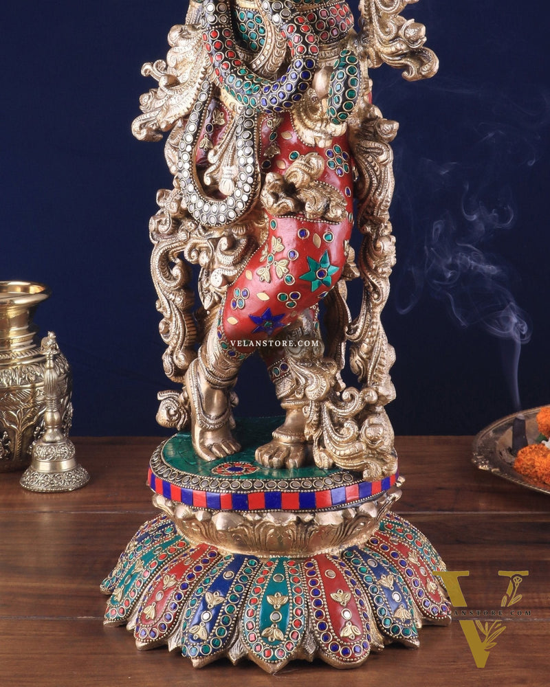 Pure Brass Superfine Lord Krishna Statue with Stonework, 27" Height