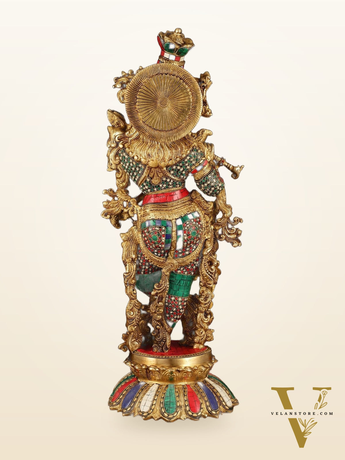 Pure Brass Superfine Lord Krishna Statue with Stonework, 27" Height