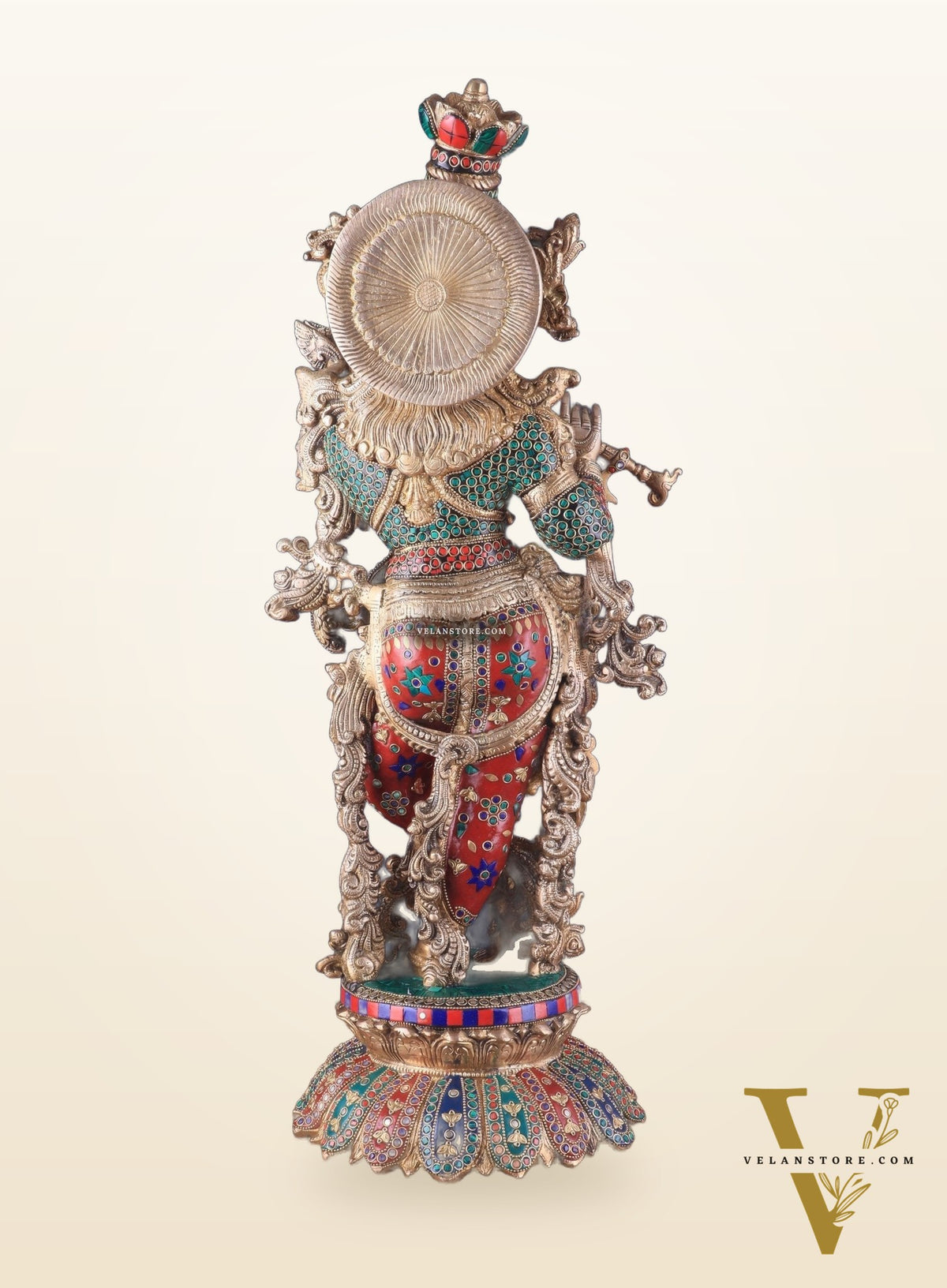 Pure Brass Superfine Lord Krishna Statue with Stonework, 27" Height