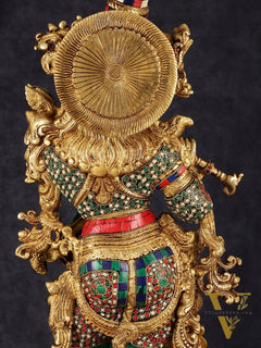 Pure Brass Superfine Lord Krishna Statue with Stonework, 27" Height