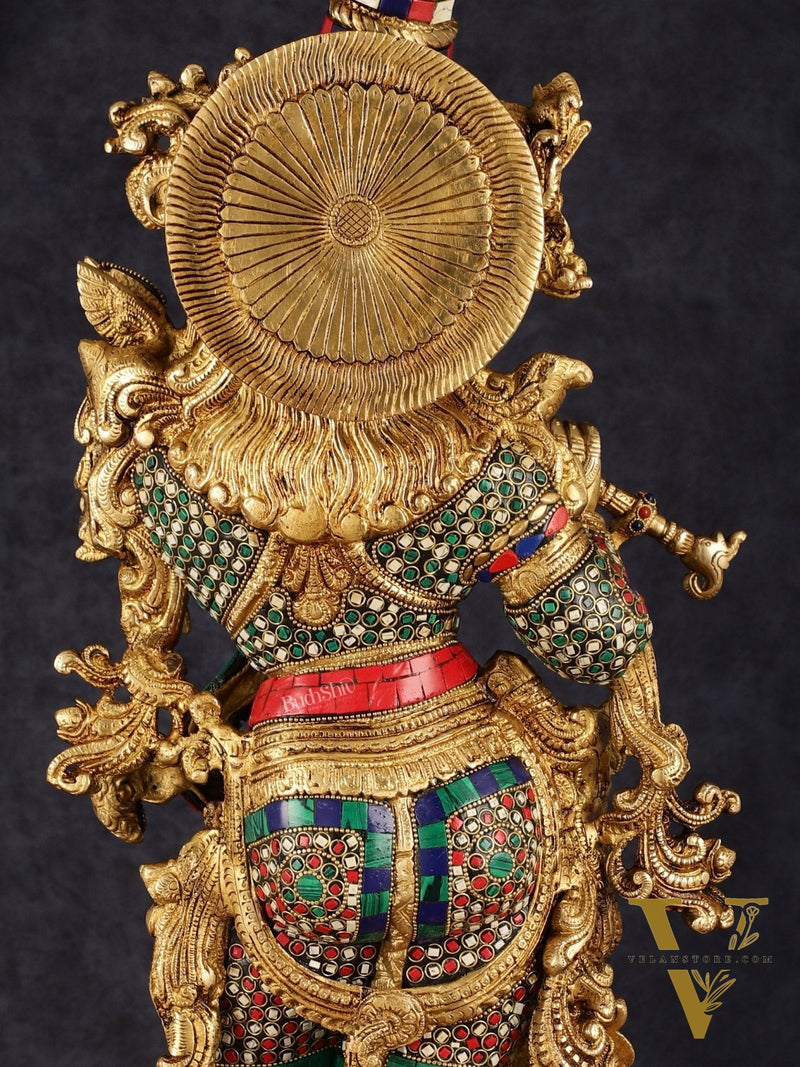 Pure Brass Superfine Lord Krishna Statue with Stonework, 27" Height