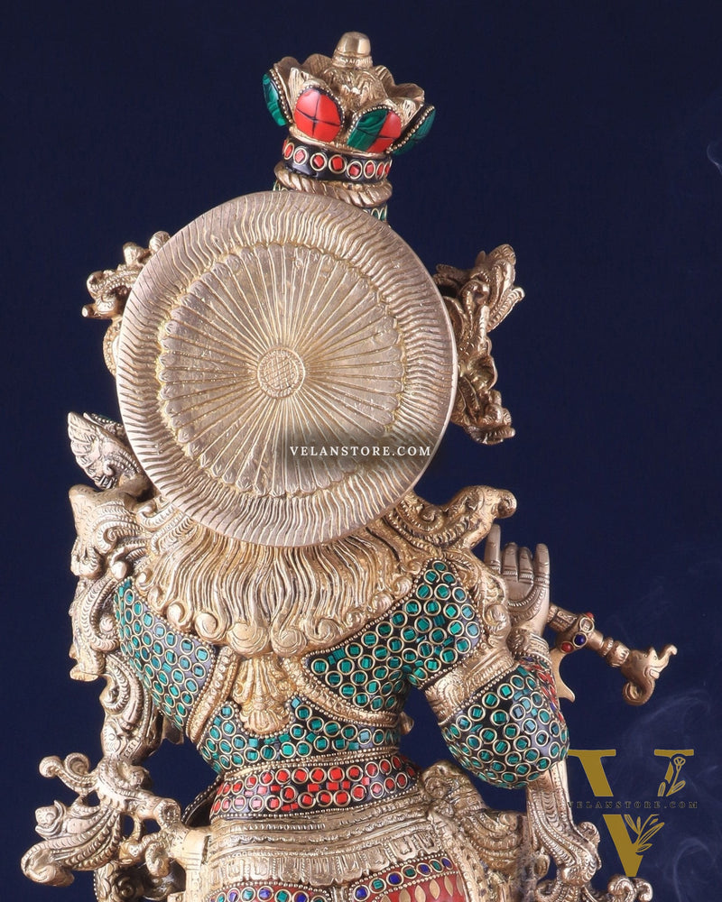 Pure Brass Superfine Lord Krishna Statue with Stonework, 27" Height