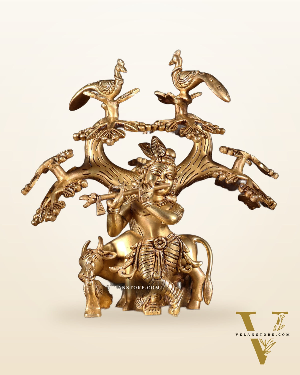 Pure Brass Superfine Lord Krishna with Cow, Peacock & Kadamba Tree – 11.5 Inch