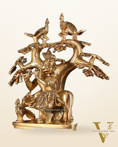 Pure Brass Superfine Lord Krishna with Cow, Peacock & Kadamba Tree – 11.5 Inch