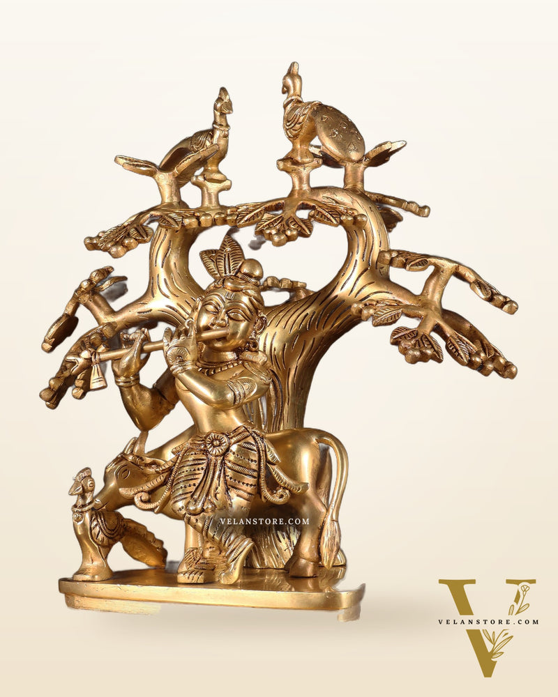Pure Brass Superfine Lord Krishna with Cow, Peacock & Kadamba Tree – 11.5 Inch